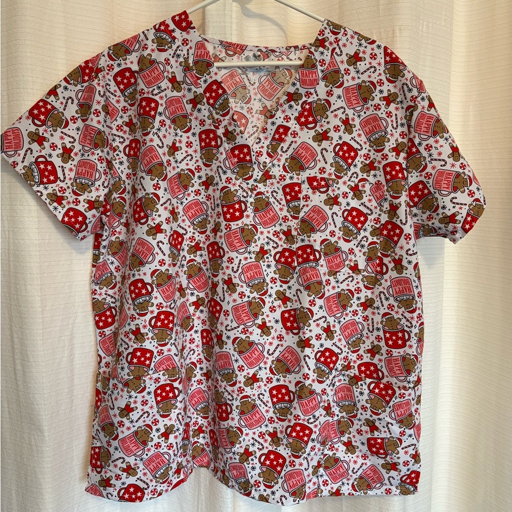 Amazon Red & White Holiday Gingerbread V-Neck Scrub Top